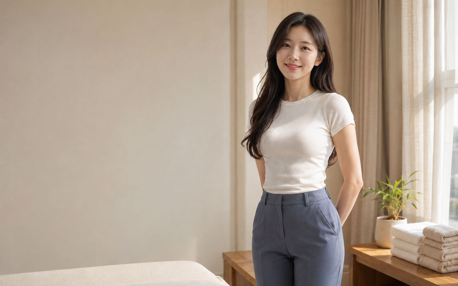 가평 방문 홈케어를 안내하는 젊은 성인 한국 여성 관리사
